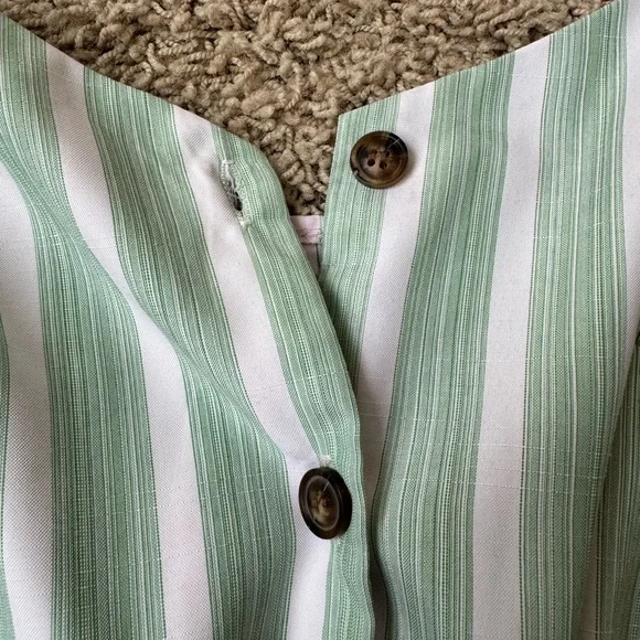 SHEIN Sage Green/White Striped Shorts Romper Button Down Removable Sash Tie - Picture 4 of 7